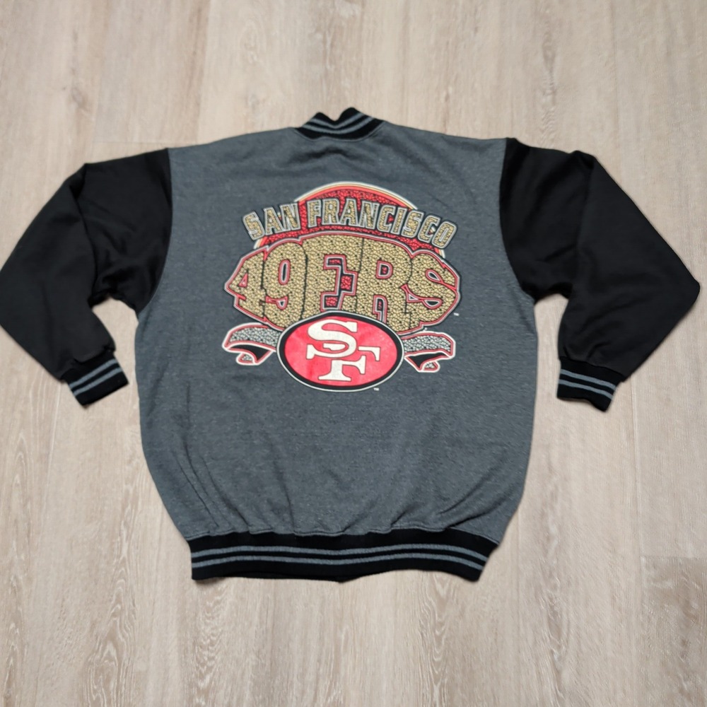Vintage San Francisco 49ers Varsity Jacket Mens XL Grey Black Fleece Lined Snaps